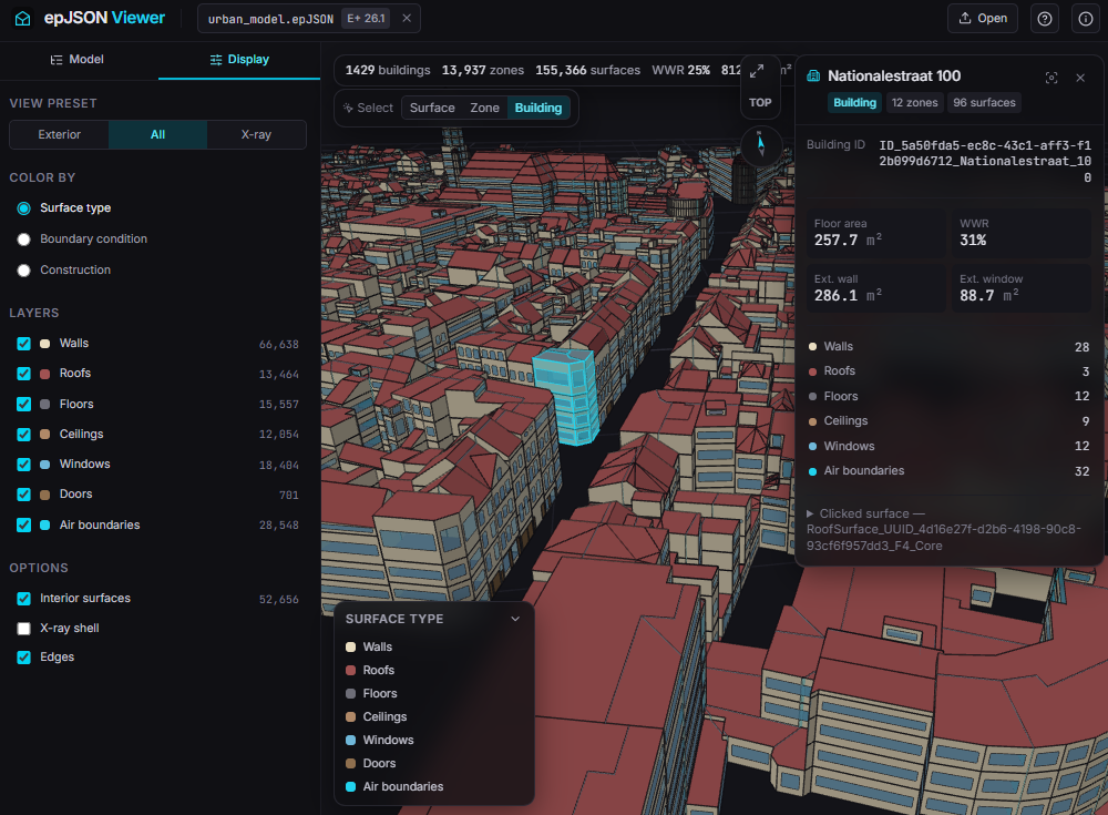 epJSON Viewer showing a 3D urban building model, surface-type colours, layer controls and a selected building’s geometry statistics